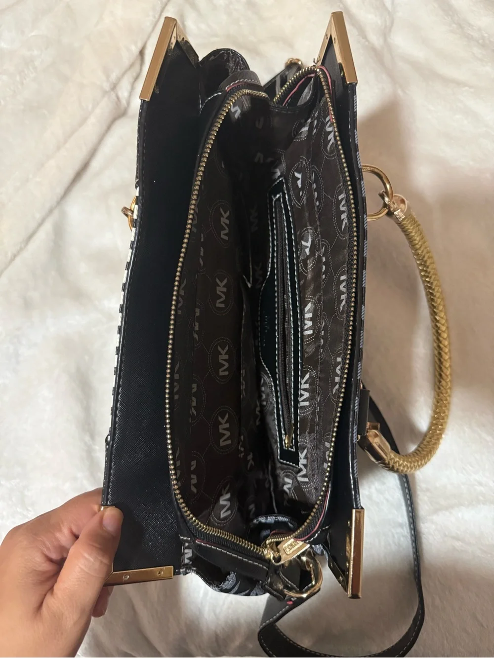 Michael Kors Black & Gold MK Signature Shoulder Bag with Striped Accent - Picture 2 of 2